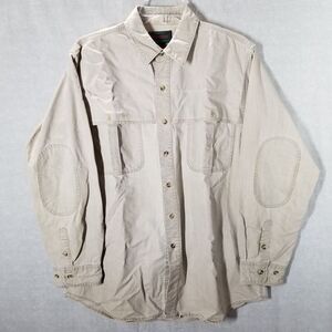Vintage Mountain Tek Shirt Mens Large? Tan Kahki Button Up Outdoor Elbow Patches